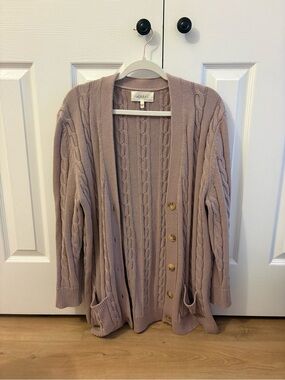 THE GREAT. Cable-Knit Cardigan in Dusty Mauve with Gold Buttons